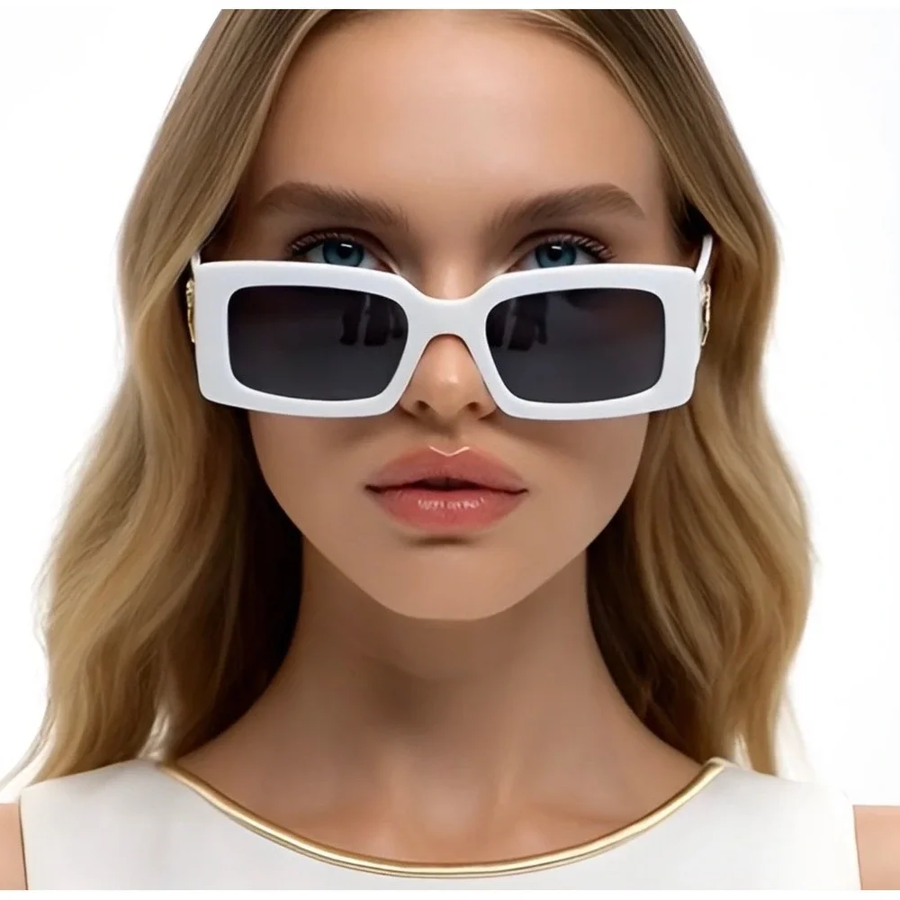 White Frame Sunglasses Rectangle Unique Visual Dark Black Lens UV40 Protection - Picture 9 of 9